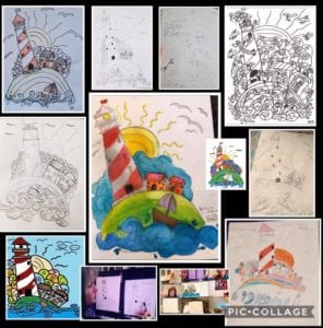 Drawings of lighthouses from a student art class