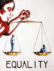 Painting, a woman holds a gold scale holding one woman on each side balancing, word Equality
