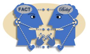 two blue heads, talking, one says Fact and other says Belief
