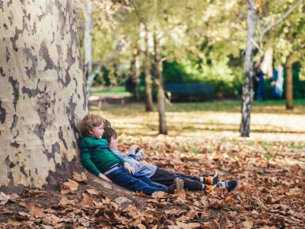 boys lean against large tree with feet in fall leaves