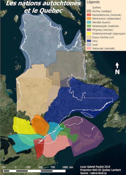 A map of Quebec showing the approximate territory that the 11 Indigenous Nations with communities in Quebec have and still live on.